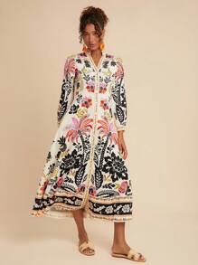 Travachic Đầm midi in họa tiết cây cọ tay dài cài nút thường ngày cho nữ - Màu Khaki - Xem 5