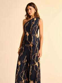 CAJUNI Women's Boho Vacation Casual Tropical Lemon & Golden Chain Print, Asymmetric Black Asymmetrical Neck Blouse - Multicolor - View 7