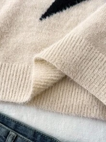 SHEIN 少女星形图案圆领落肩毛衣，休闲日常穿着，秋冬 - 杏色 - 查看 8