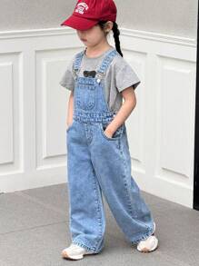 SHEIN 少女休闲水洗牛仔蝴蝶刺绣背带裤