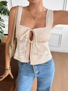 SHEIN Frenchy Women's Square Collar Lace Neckline Floral Print Tie Front Tank Top,Beige Summer Boho Brunch Holiday,French Casual Daily Wear,Business Office,Fall - Apricot - View 5