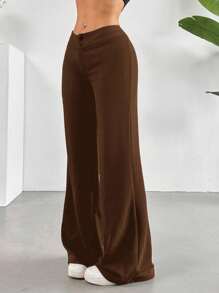 SHEIN EZwear Quần ống đứng loe cạp cao màu trơn - Cà phê nâu - Xem 4