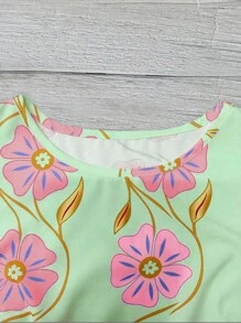 EMERY ROSE 女士休闲粉色花卉印花竹纤维圆领飘逸袖盖袖衬衫，春夏 - 綠色 - 查看 5