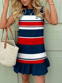 SHEIN LUNE 休闲度假风航海红蓝白条纹网球裙，运动风女式印花迷你连衣裙，适合夏季度假、学院风、老派风格、返校节等场合穿着。 - 彩色 - 查看 3