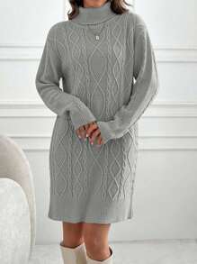 EURMUSE Knitwear Dress With Folded Neck And Cable Pattern,Winter Dresses For Women,Petite - Grey - View 3