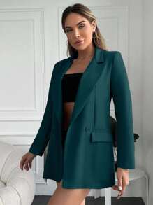 EURMUSE Women's Solid Color Lapel NeckLong Sleeve Double-Breasted Casual Blazer - Dark Green - View 3