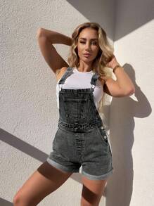 EMERY ROSE 女式休闲牛仔背带短裤（带口袋） - 淺灰色 - 查看 4