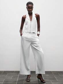 Lumivelle 女士时尚黑白条纹露背金属拉链衬衫，复古富贵风格，适合返校、教师和大学生穿着，款式端庄得体。 - 黑與白 - 查看 4