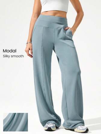 GLOWMODE 모달 실크 터치 와이드 레그 하이웨스트 라운지 팬츠 사이드 포켓 일상 캐주얼 가을