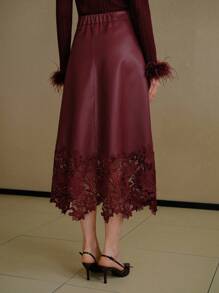 MOTF PREMIUM CONTRAST LACE PU LEATHER SKIRT - Burgundy - View 3