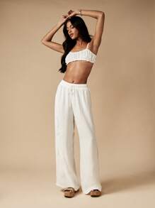 MISSGUIDED Quần ống rộng Palazzo Linen Look có họa tiết Broderie Anglaise ở bên hông, trang phục thường ngày cho kỳ nghỉ hè tại khu nghỉ dưỡng bãi biển - trắng - Xem 5