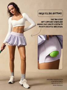 VARSIVA 女式纯色弹性腰部荷叶边下摆运动短裙，夏季 - 紫色 - 查看 10