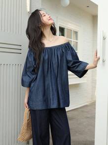 SHEIN EZwear 女士秋季休闲蝙蝠袖宽松牛仔上衣，韩版风格，返校季，秋季，复古富贵风 - 中等水洗藍 - 查看 6