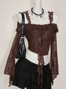 SHEIN ICON Women's Off The Shoulder Hippie Boho Elegant Ruffled Ruffle Long Sleeve Lace Blouse Western Wear Women Brown Lace Crop Top,Y2k Tops