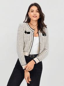Miaspire Contrast Color Round Neck Long Sleeve Fitted Women Front Button Jacket Cardigan Sweater Fall Women Outfits Button Up Fall Cardigan Women Cardigans,Long Sleeve Tops - Black and White - View 4