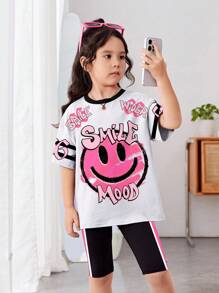 Estampa de Moda de Rua do Rosto, Y2K, Chill Chill, Rosa, Conjunto Casual Minimalista de Shorts e Top de Manga Curta Estilo Jovem Feminino, 2 Peças, Verão