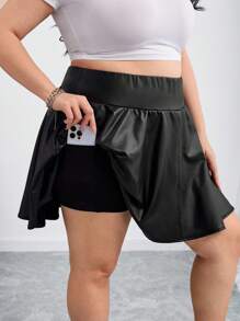 SHEIN CURVE+ Curves 大码/学校服装/返校服装/返校大码女式 PU 皮革黑色迷你短裙短裤，内置短裤和口袋，女式黑色短裙，大码短裙，仿皮短裙，短裤运动短裙，女士假日服装，女士秋季服装，冬季，CURVE PLUS - 黑色 - 查看 8