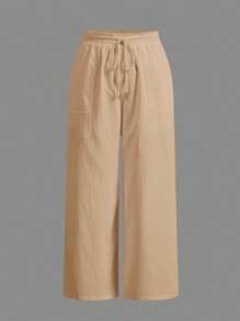 SHEIN EZwear 大码女式卡其色梭织休闲阔腿裤，夏季 - 卡其色 - 查看 5