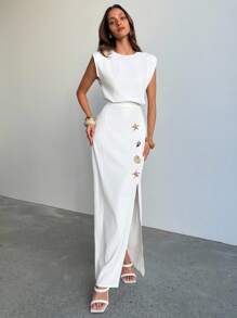 Aloruh Đầm dài màu trắng trơn cổ tròn thắt eo thanh lịch cho nữ đi làm - trắng - Xem 6