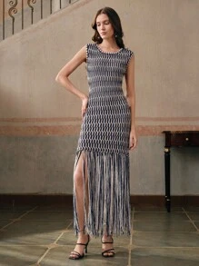 Anewsta 黑白手工编织吊带流苏夏装，带设计细节