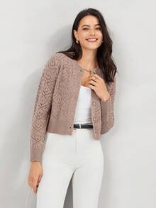 Miaspire 春秋休闲短款镂空开衫秋季毛衣秋季女士毛衣开衫毛衣长袖上衣 - 卡其色 - 查看 6