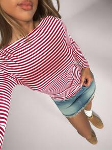 SHEIN Forever 21 Women's Striped Boatneck Long Sleeve Slim Fit Casual T-Shirt - Red - View 7