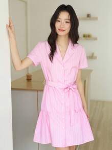 K-Vae Women's Pink Stripe Summer Casual Brunch Shirt Mini Dress,Short Sleeve Single Breasted Mottled Collar College Dress,Back To School Teacher Outfits - Baby Pink - View 4