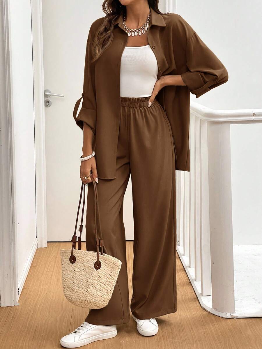 SHEIN Frenchy 女式纯色翻袖单排扣衬衫和裤子两件套休闲装 - 巧克力棕 - 查看 1