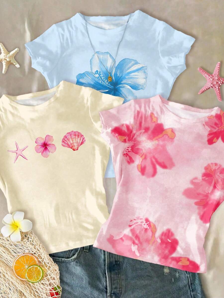 SHEIN 少女休闲度假三件套热带芙蓉花、鸡蛋花、海滩印花紧身休闲舒适圆领长袖T恤，少女夏季款，奶油黄、亮粉、天蓝色可爱沙滩衬衫，适合少女、女童、夏季夏威夷风情童装，适合学校、校园、大学穿着。 - 彩色 - 查看 1