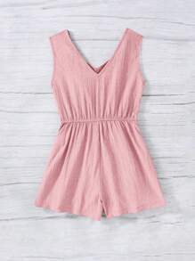 SHEIN Tween Girls Twist Vest-Style Casual Jumpsuit With Front Buttons Decorated In Woven Texture Material, Suitable For Spring Outings, Pastoral Style, Garden Afternoon Tea, Casual Outings - Baby Pink - View 2