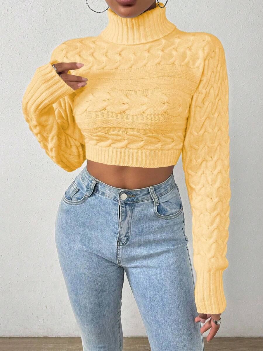 Chiquease Women High Neck Long Sleeve Crop Sweater With Cable Cable Pattern Knit Pullover Fall Winter - Butter Yellow - View 1