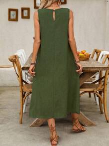 Omancia 女式休闲无袖太阳裙，带双口袋，超长度假海滩装 - 綠色 - 查看 2