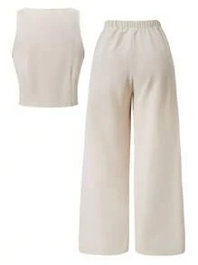 2 件套青少年女孩无袖开衫背心 + 高腰阔腿裤套装，休闲通勤装夏季