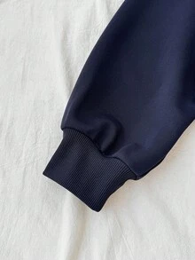 Teen Girls 2pcs Set Navy Blue Knit Retro Vintage USA Slogan Print Loose Fit Crew Neck Pullover Sweatshirt And Textured Knit Crop Shorts Tracksuit For Spring, Autumn, Winter Usa Sweatshirt Girls Sweat Outfit Clothes Set Teen Usa Clothes Sweat Set Fall