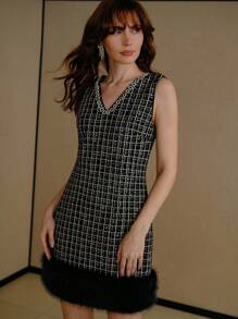 MOTF PREMIUM ROBE TWEED CONTRASTE FAUSSE FOURRURE