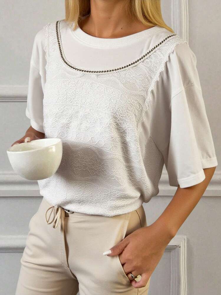 Loose Lace Patchwork Sequin Sleeveless Summer T-Shirt For Women, Casual & Simple