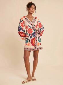 Travachic Women's Casual Floral Print Tie-Front Mini Wrap Dress, Resort Wear,Fall Women Clothes,Fall Clothes,Wrap Dress,Vacation,Homecoming Dress - Apricot - View 3