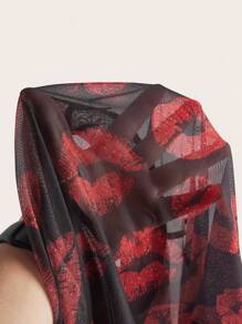 SHEIN MOOSTA Große Größen Damen Stehkragen Langarm Sexy Roter Lippen Muster Crop Top