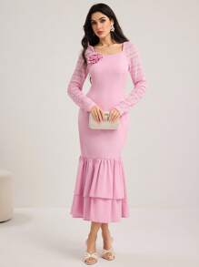 Modelyn Thời trang nữ Váy dài đến bắp chân họa tiết hoa 3D, Váy ghép vải bất đối xứng, Trang phục thường ngày mùa hè cho nữ, Váy dạ hội sang trọng cho nữ dự tiệc sinh nhật cho nữ vào mùa thu - Hồng - Xem 2