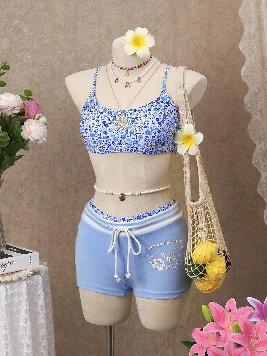 SHEIN Swim 女士花卉印花细肩带比基尼套装,适合夏季 - 藍色 - 查看 1