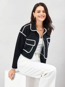 Miaspire 休闲通勤双色修剪短款大衣 - 黑與白 - 查看 1