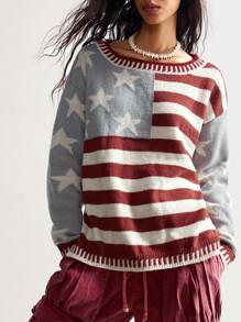 Bohemela Autumn/Winter Boho Retro Striped Star Pattern Usa Flag Graphic Knit Pullover Sweater, Suitable For Independence Day & Vacation & Daily Wear - Multicolor - View 2