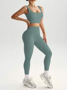 Easithlete 2pcs Seamless High Stretch Yoga Set Tracksuit Gym Set Ribbed Tank Top Tummy Control Leggings Workout Women Set - Blue - View 7