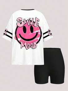 Estampa de Moda de Rua do Rosto, Y2K, Chill Chill, Rosa, Conjunto Casual Minimalista de Shorts e Top de Manga Curta Estilo Jovem Feminino, 2 Peças, Verão