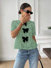 Serisse 女式优雅镂空蝴蝶结装饰衬衫，夏季