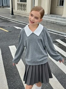 SHEIN 2 件套青少年女孩休闲二合一运动衫上衣 + 灰色百褶裙套装，适合秋季通勤/日常穿着秋冬 - 灰色 - 查看 3