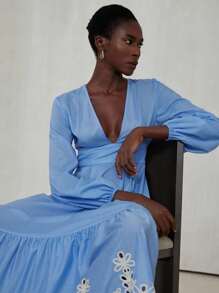 Aveloria Modichic Robe élégante de style rétro pour femmes avec col en V profond, manches longues et couleurs contrastées, avec broderie - Multicolore - Voir 6