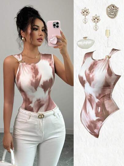 Elenzga Nuevo body con diseño de estampado tie-dye sexy, hebilla metálica, que estiliza la figura, sin mangas, adecuado para nadar y de vacaciones