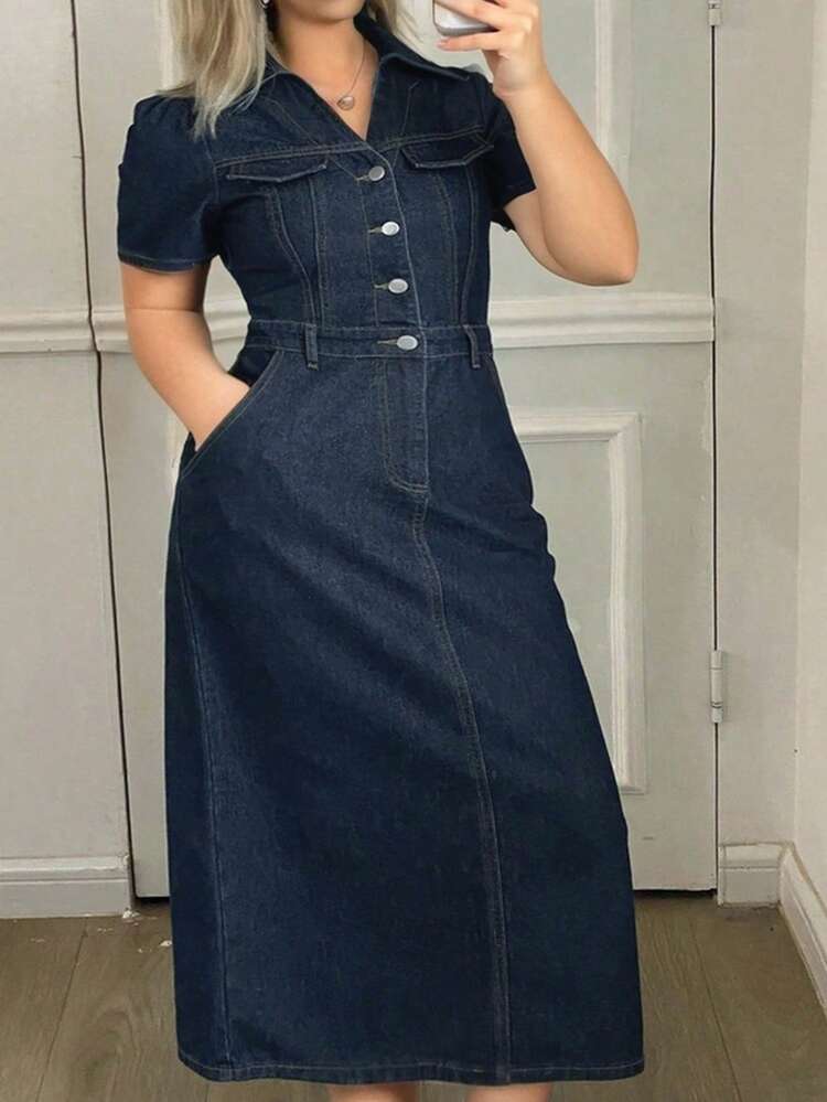 Dark Wash Short Sleeve Fitted Maxi Denim Dress, Summer Denim Clothing