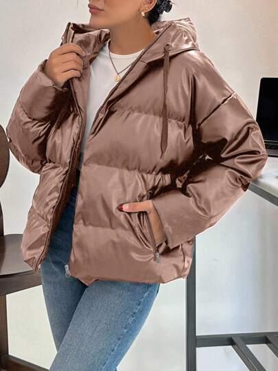 EURMUSE Women Drop Shoulder Long Sleeve Zip Closure PU Leather Casual Hooded Jacket, Winter